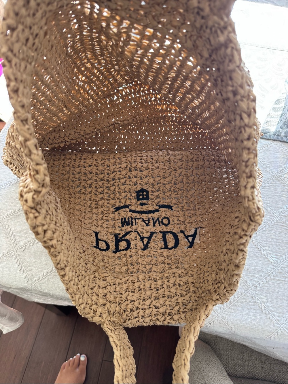 Natural Woven Straw Tote with Black Logo beach bag - Picture 3 of 6